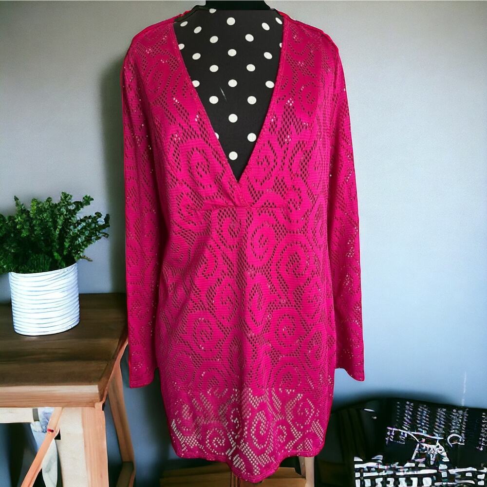 Contour Womens Top Sz S Hot Pink See Through‎ Swim Cover Up Tunic Length